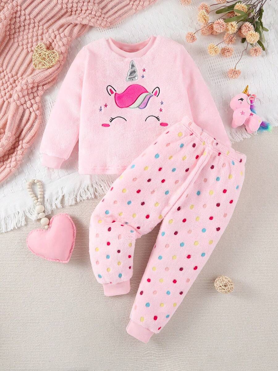 2 件套年轻女孩休闲波尔卡圆点长裤和独角兽刺绣运动衫家居服套装 - 粉色 - 查看 1
