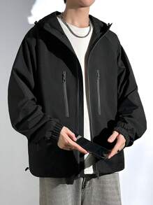 Claim Dot 男士纯色简约休闲连帽长袖运动夹克 - 黑色 - 查看 3