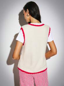 Poéselle Gilet in maglia rossa con bordi a contrasto, gilet in maglia con fiocco centrale e lacci, abbigliamento da donna, abbigliamento autunnale da donna, abbigliamento invernale, gilet con lacci, maglione senza maniche da donna con bordo a contrasto e fiocco anteriore, caldo e confortevole, adatto per uso quotidiano, strada, pendolarismo, vacanze, abbigliamento domestico - Albicocca - Visualizzare 3