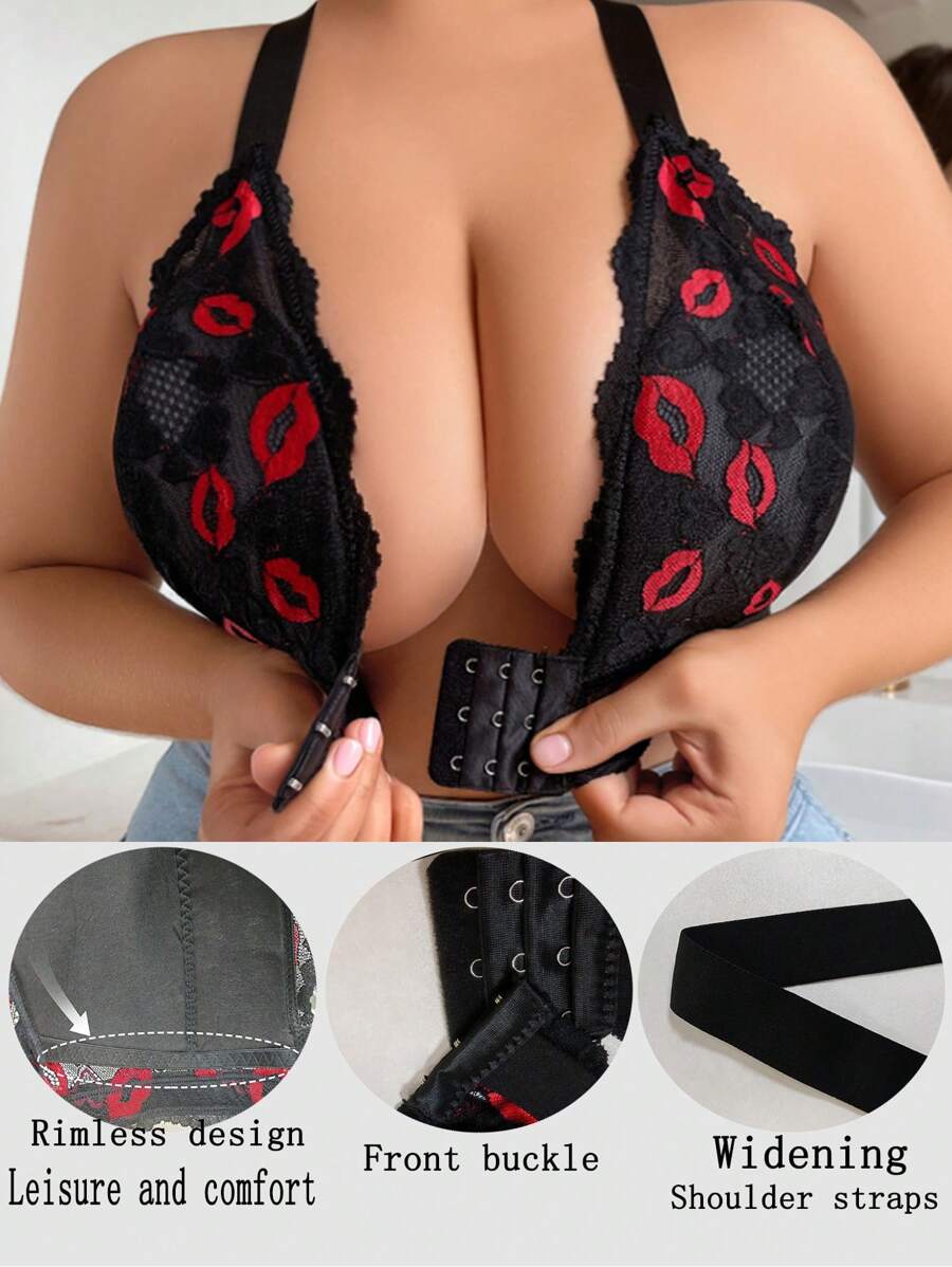 SHEIN Plus Size Women's Front Closure Lip Shaped Lace Bra Lingerie - Black - View 1