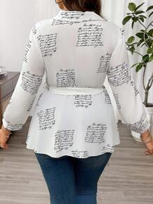 Flirla 大码翻领长袖全身印花抽绳衬衫，休闲日常穿着 - 白色 - 查看 2