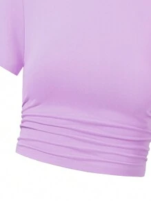 SHEIN Camiseta morada de manga corta y cuello redondo de unicolor, simple y de ocio diario para adolescentes - Morado - Ver 5