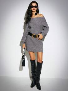 Poéselle Vestito di lana a spalle scoperte da donna, manica lunga, stile casual quotidiano, colore solido grigio, carino ed elegante - Grigio - Visualizzare 3