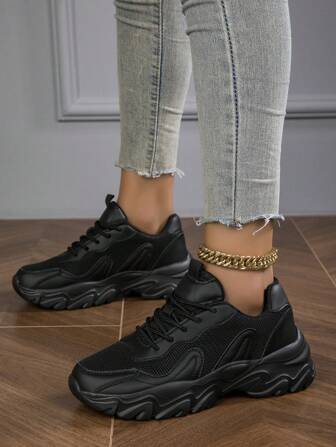 新款厚底全黑粗跟鞋,女士透氣舒適網面休閒行走鞋,時尚、軟底、抗震、防滑、耐臭、耐磨,跑步鞋