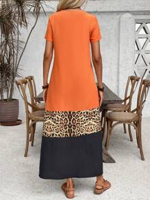 EMERY ROSE Damen Sommer Kurzarm Farbblock Leoparden Muster Lässig Maxi Kleid Outfit