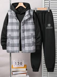 SHEIN 青少年男孩 3 件套冬季连帽衫、格子背心和抽绳裤休闲装 - 彩色 - 查看 1