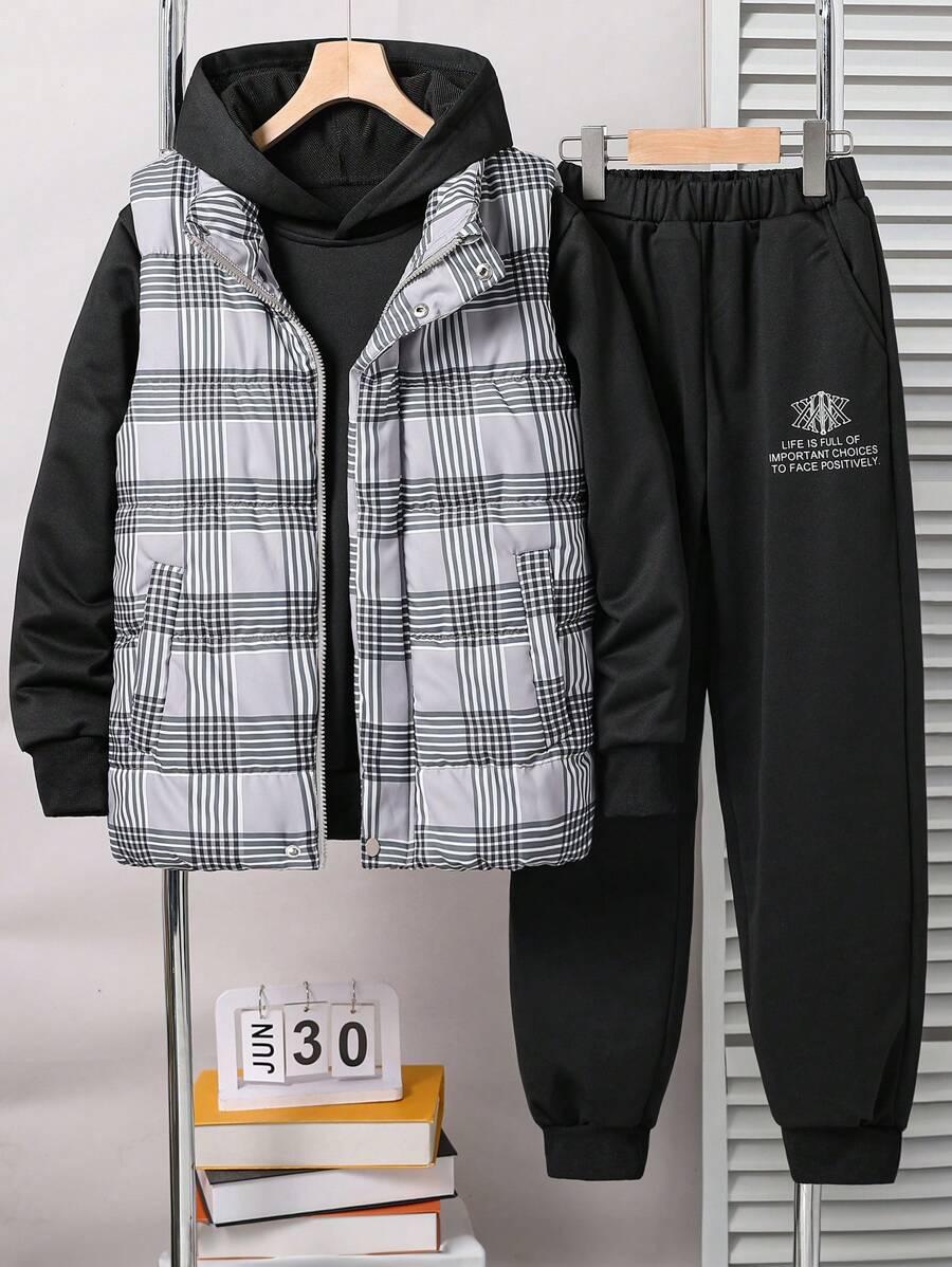 SHEIN 青少年男孩 3 件套冬季连帽衫、格子背心和抽绳裤休闲装 - 彩色 - 查看 1