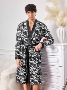 Men's Waist Tie Open Long Sleeve Zebra Pattern Fashionable Charm Elegant Slouchy Robe - Multicolor - View 1