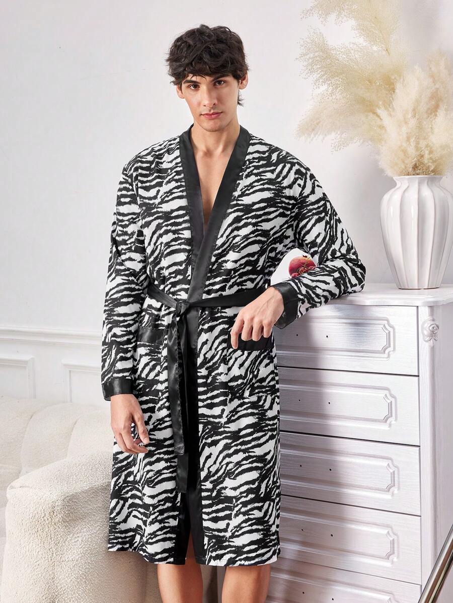 Men's Waist Tie Open Long Sleeve Zebra Pattern Fashionable Charm Elegant Slouchy Robe - Multicolor - View 1