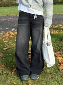 MYOURSA Y2K Streetwear Casual Distressed Loose Wide-Leg Jeans (Black) - Black - View 4