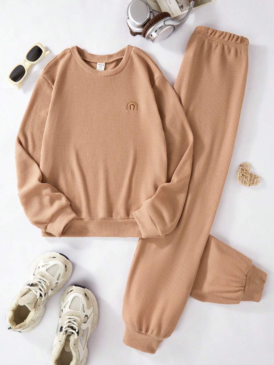 Completo casual da 2 pezzi per ragazza adolescente con maglietta a maniche lunghe e scollo rotondo e pantaloni a vita elastica larga, set primavera autunno - Cammello - Visualizzare 1