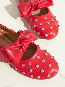 SHUZIA Women Cute Red PU Bow Tie Rhinestone Decor Round Toe Mary Jane Flats - Red - View 5
