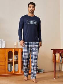 男士印花圆领长袖上衣和格子裤两件套休闲家居服套装，舒适优雅，秋冬服装 - 藏蓝色 - 查看 8
