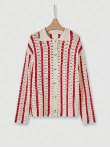 Men's Casual Striped Hollow Out Loose Fit Open Front Long Sleeve Cardigan, Spring & Fall - Multicolor - View 6