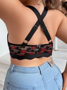 SHEIN Plus Size Women's Front Closure Lip Shaped Lace Bra Lingerie - Black - View 2