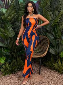 SHEIN Slayr Graphic Print Asymmetrical Hem Tube Top & Flare Leg Pants (Random Pattern) - Navy Blue - View 4