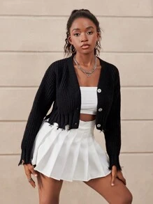 Girls' Black Fashionable V-Neck Cardigan Sweater,90s Style Frayed Hem Single Button Short Sweater,Back-To-School Graduation Autumn Daily Wear Travel - Black - View 6
