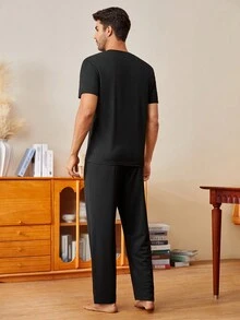 3pcs/Set Men's Printed Crew Neck T-Shirt, Solid Color Shorts And Pants Loungewear Set - Black - View 8