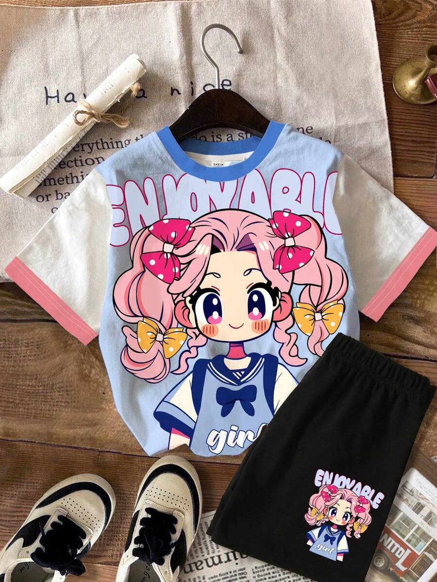 SHEIN Bộ 2 món áo thun cổ tròn tay ngắn họa tiết hoạt hình đơn giản cho bé gái và quần short, thích hợp cho mùa hè - trắng - Xem 1