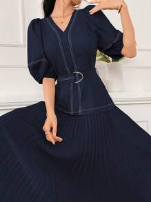 Modelyn 女式 V 领短款泡泡袖连衣裙，带褶边长款晚礼服 - 藏蓝色 - 查看 6