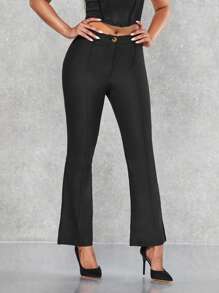 SHEIN BAE Slit Hem Flare Leg Trousers - Black - View 3