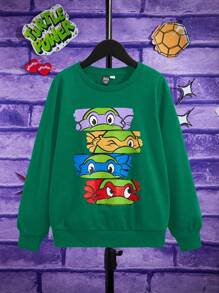 TEENAGE MUTANT NINJA TURTLES | SHEIN Tween Boy Olive Green Casual Cartoon Print Pullover Sweatshirt, Spring Autumn