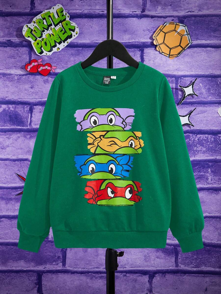 TEENAGE MUTANT NINJA TURTLES | SHEIN Tween Boy Olive Green Casual Cartoon Print Pullover Sweatshirt, Spring Autumn