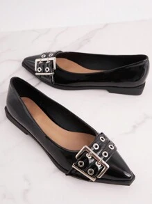 SHUZIA 女士超大扣尖头粗平跟漆皮黑色平底鞋 - 精致、朋克风、舒适必备新年假期情人节礼物夏季鞋 - 黑色 - 查看 5