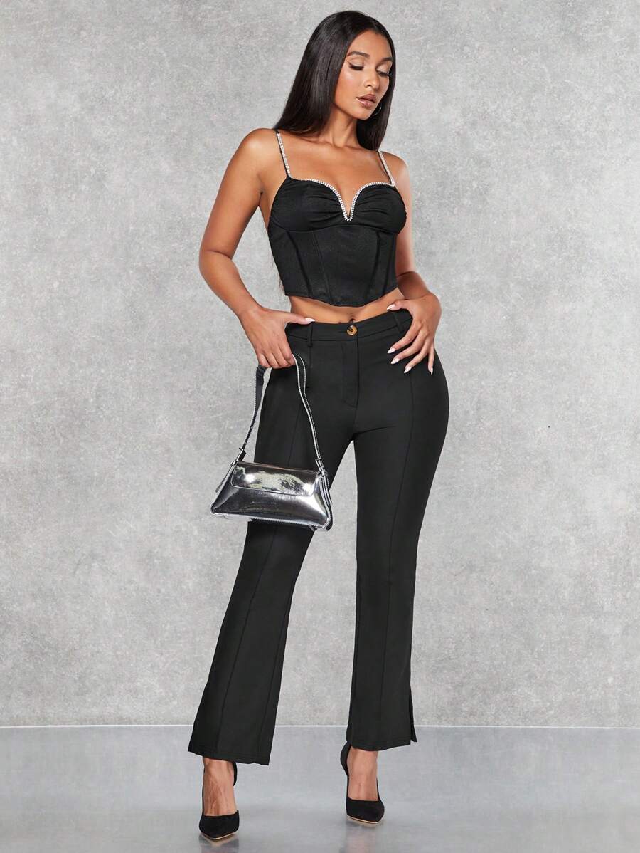 SHEIN BAE Slit Hem Flare Leg Trousers - Black - View 1