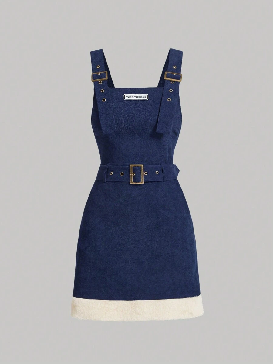 SHEIN MOD Navy Blue Corduroy Strap Dress With Fluffy Patchwork, Metal Buckle,Fall/Winter Women Dresses,Homecoming Dresses,Business Casual Women Dress,Teacher,Going Out Clothes,Office Wear,Back To School Women Dress,Work Women Dress, , ,Korean Fashion,Dinner Outfit,Renaissance Fair,Old Money Style - Navy Blue - View 1