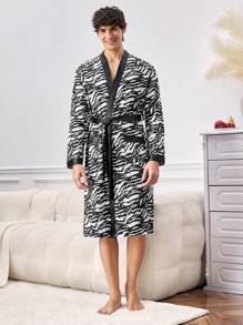Men's Waist Tie Open Long Sleeve Zebra Pattern Fashionable Charm Elegant Slouchy Robe - Multicolor - View 8