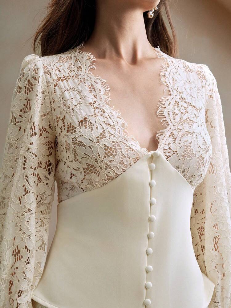 V-Neck Lace Patchwork Cinched Waist Top