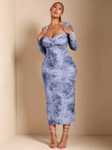 SHEIN BAE 大码浪漫约会度假蕾丝复古花卉图案印花网眼紧身胸衣连衣裙 - 藍色 - 查看 6