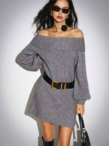 Poéselle Vestito di lana a spalle scoperte da donna, manica lunga, stile casual quotidiano, colore solido grigio, carino ed elegante - Grigio - Visualizzare 2