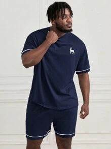 Manfinity Homme 大码男士针织印花两件套：条纹短袖上衣和休闲运动短裤