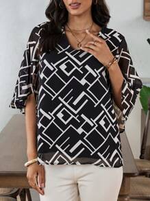EMERY ROSE Summer Geometric Pattern Chiffon Women's Blouse