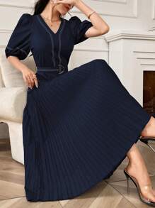 Modelyn 女式 V 领短款泡泡袖连衣裙，带褶边长款晚礼服 - 藏蓝色 - 查看 8