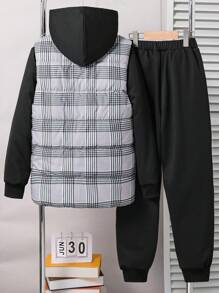 SHEIN 青少年男孩 3 件套冬季连帽衫、格子背心和抽绳裤休闲装 - 彩色 - 查看 2