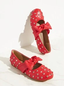 SHUZIA Women Cute Red PU Bow Tie Rhinestone Decor Round Toe Mary Jane Flats - Red - View 3