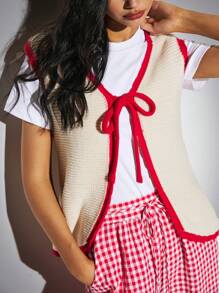 Poéselle Gilet in maglia rossa con bordi a contrasto, gilet in maglia con fiocco centrale e lacci, abbigliamento da donna, abbigliamento autunnale da donna, abbigliamento invernale, gilet con lacci, maglione senza maniche da donna con bordo a contrasto e fiocco anteriore, caldo e confortevole, adatto per uso quotidiano, strada, pendolarismo, vacanze, abbigliamento domestico - Albicocca - Visualizzare 6