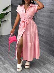 Slaydiva Elegantes rosa Kleid mit Schleife, Gürtel und Knöpfen vorne - Pink - Übersicht 7