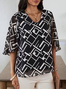 EMERY ROSE Summer Geometric Pattern Chiffon Women's Blouse