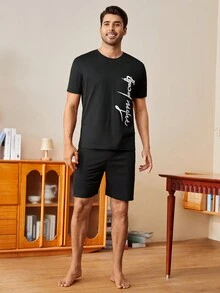3pcs/Set Men's Printed Crew Neck T-Shirt, Solid Color Shorts And Pants Loungewear Set - Black - View 6