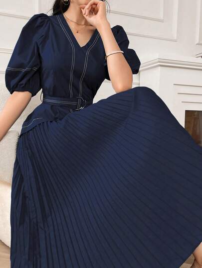 Modelyn 女式 V 领短款泡泡袖连衣裙，带褶边长款晚礼服