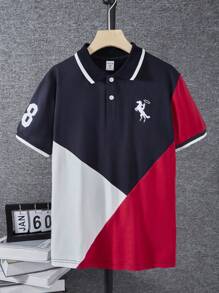 SHEIN Tween Boy's Colorblock Embroidered Knight & Letter Casual Sports Short Sleeve Polo Shirt, Summer