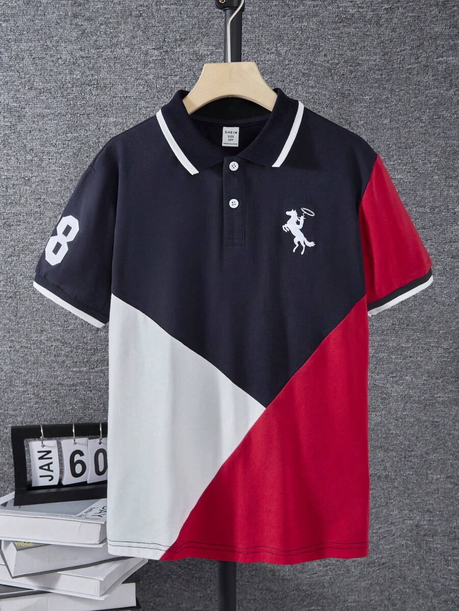 SHEIN Tween Boy's Colorblock Embroidered Knight & Letter Casual Sports Short Sleeve Polo Shirt, Summer