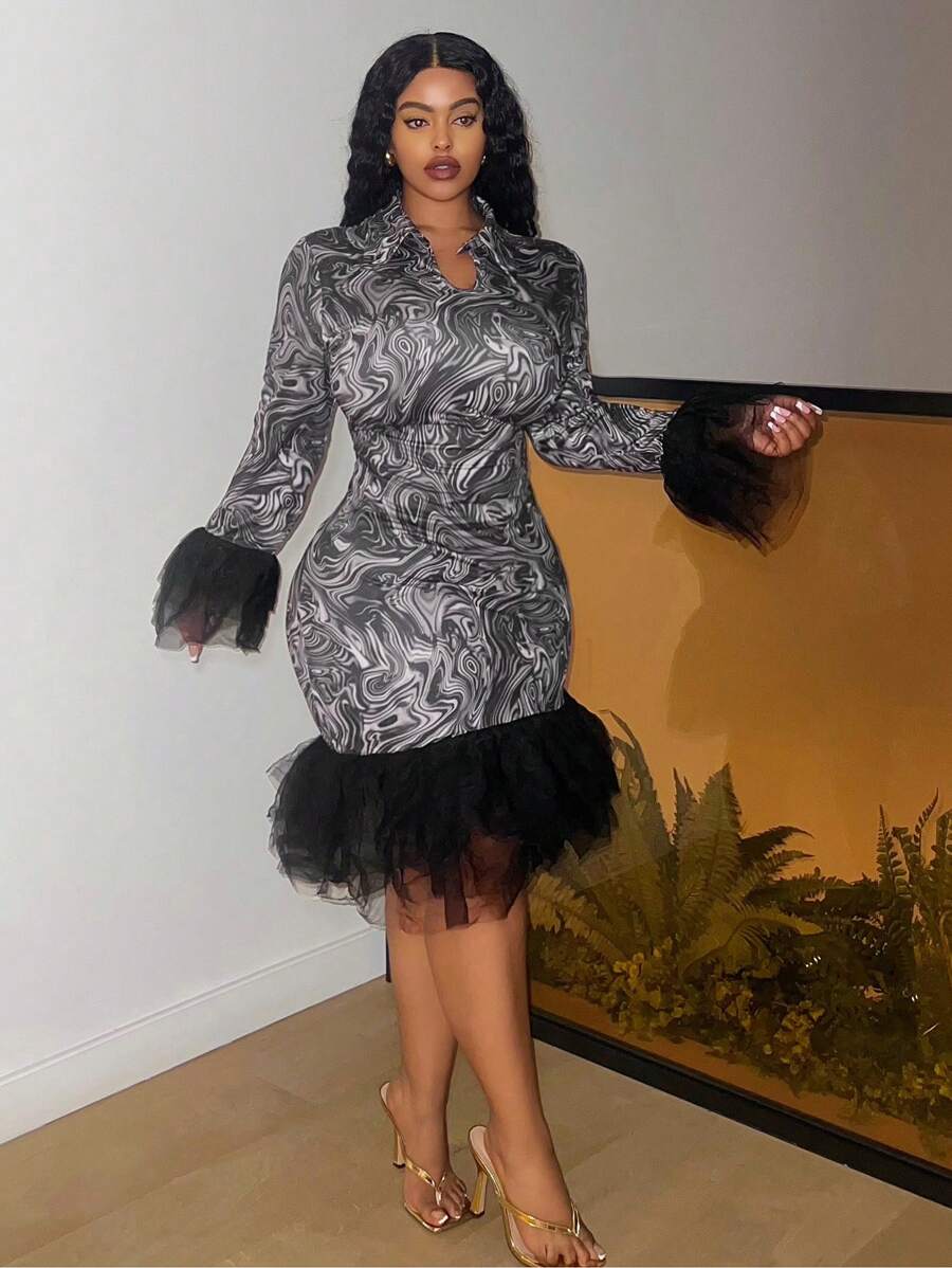 Slaydiva Đầm dạ hội thanh lịch cỡ lớn cho nữ mùa thu, váy bó sát bằng lưới tương phản có viền xếp nếp co giãn - màu đen - Xem 1