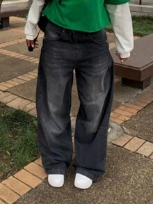 MYOURSA Y2K Streetwear Casual Distressed Loose Wide-Leg Jeans (Black) - Black - View 6