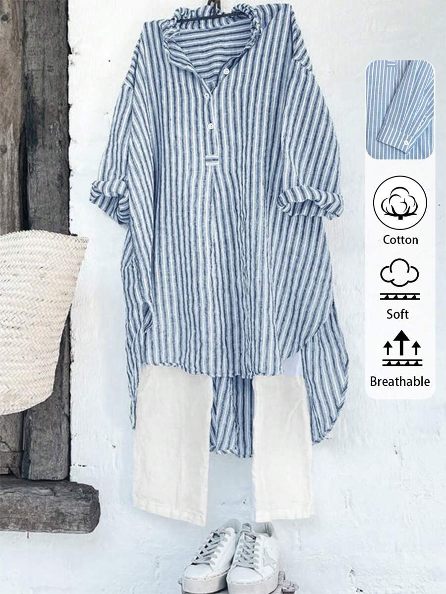 EMERY ROSE 女士休闲半开领条纹衬衫 - 彩色 - 查看 1