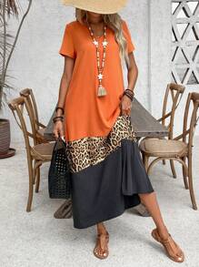 EMERY ROSE Damen Sommer Kurzarm Farbblock Leoparden Muster Lässig Maxi Kleid Outfit